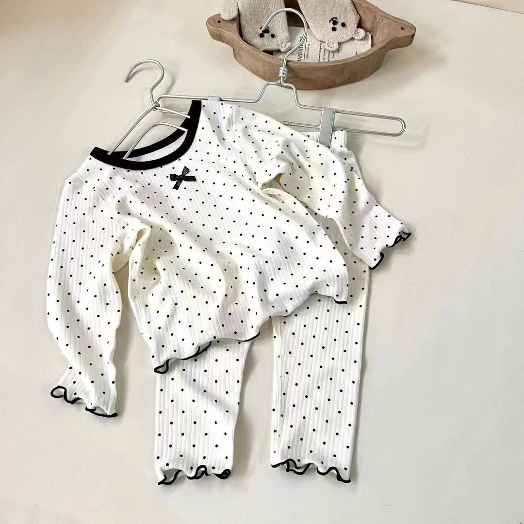 Girls' Korean Style Polka Dot Pajama Set | Cute Bow Autumn Home Suit