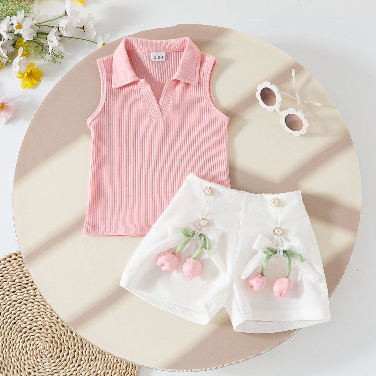 Sweet Sleeveless Flower Button Top and Shorts Set