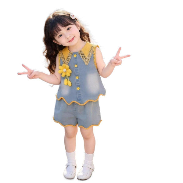 Korean Style Baby Bow Lace Vest Two-Piece Set