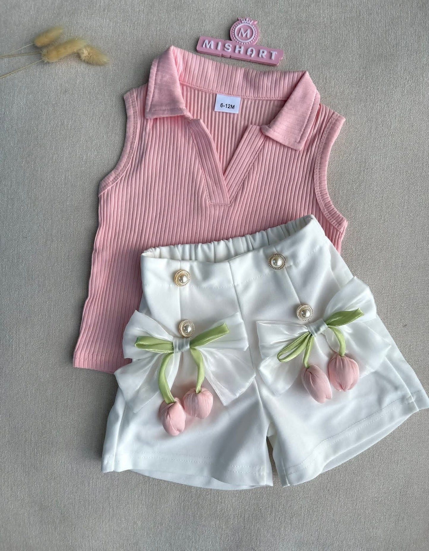 Sweet Sleeveless Flower Button Top and Shorts Set