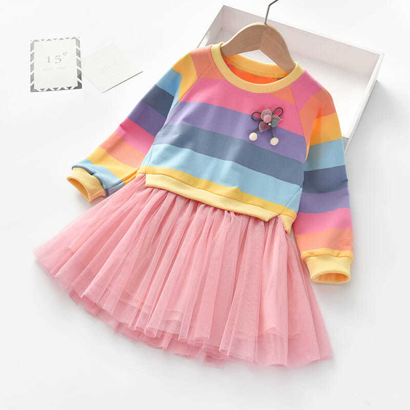 Winter Rainbow Striped Sweater Mesh Princess Dress
