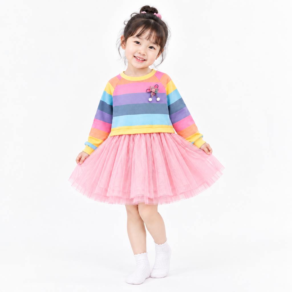 Winter Rainbow Striped Sweater Mesh Princess Dress
