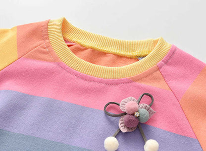 Winter Rainbow Striped Sweater Mesh Princess Dress
