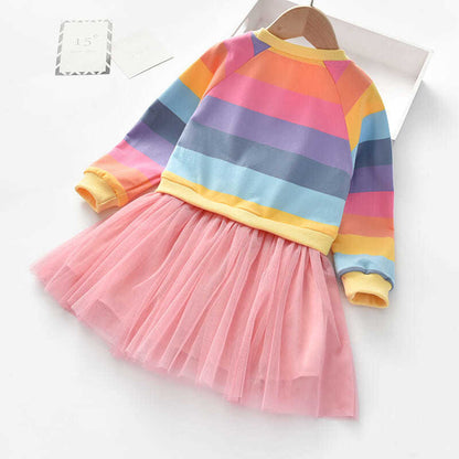 Winter Rainbow Striped Sweater Mesh Princess Dress