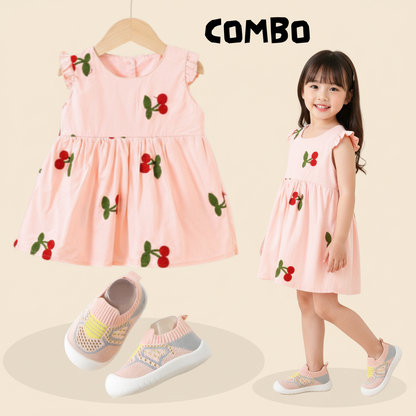 Kids Embroidered Cotton Dress & Butterfly Shoes Combo