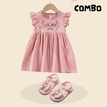 Printed Flutter Sleeve Casual Dress & China Butterfly Decoration Shoes