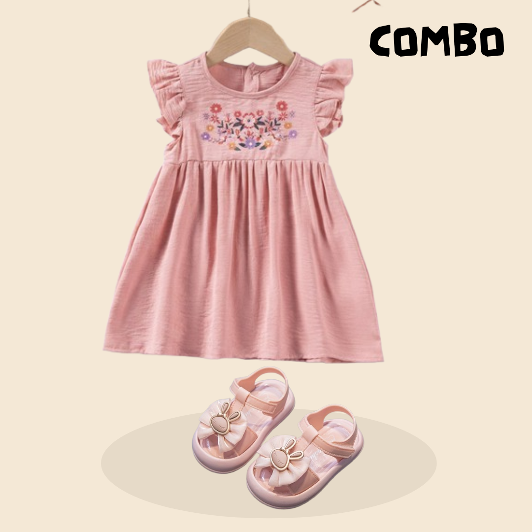 Printed Flutter Sleeve Casual Dress & China Butterfly Decoration Shoes