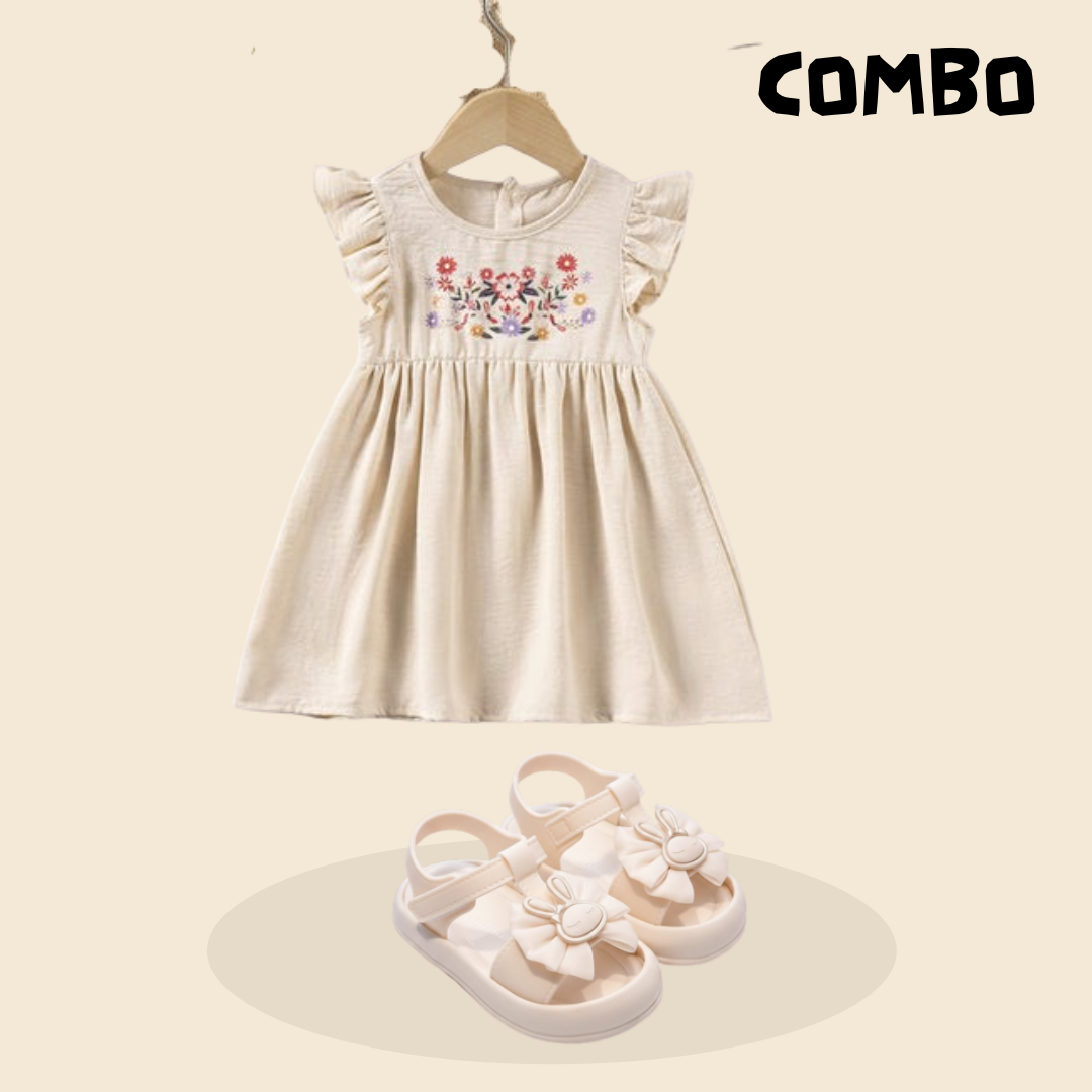 Printed Flutter Sleeve Casual Dress & China Butterfly Decoration Shoes