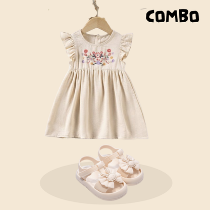 Printed Flutter Sleeve Casual Dress & China Butterfly Decoration Shoes