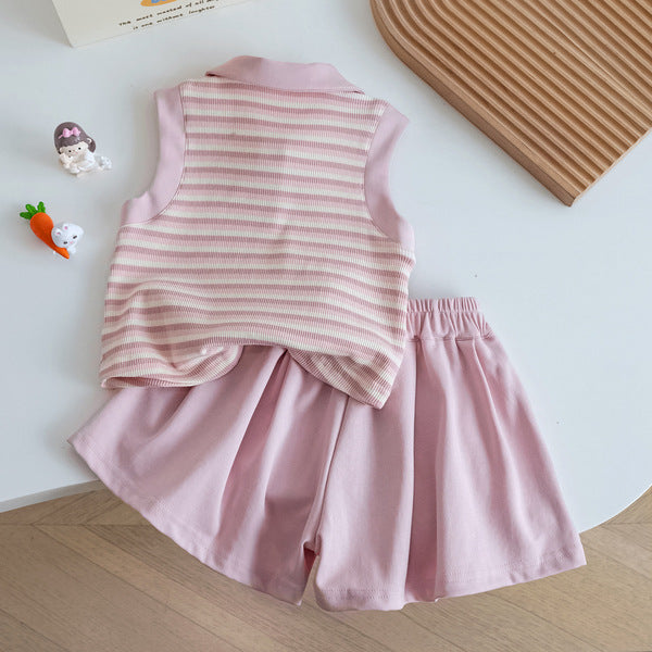 Korean Style Striped Vest and Pleated Shorts Set