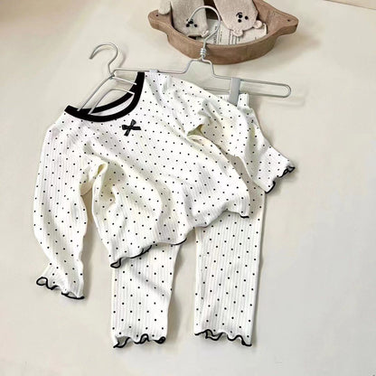 Girls' Korean Style Polka Dot Pajama Set | Cute Bow Autumn Home Suit