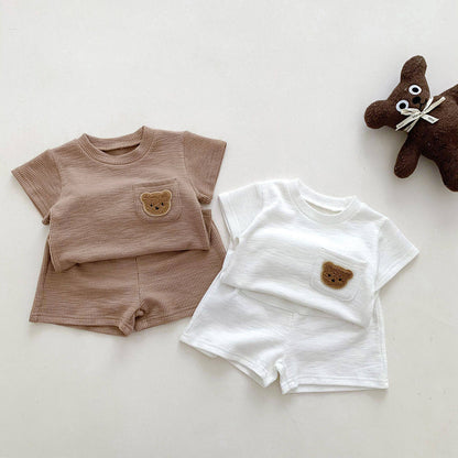 Korean Style Baby Waffle Bear Casual Short Sleeve Two-Piece Suit for Boys & Girls