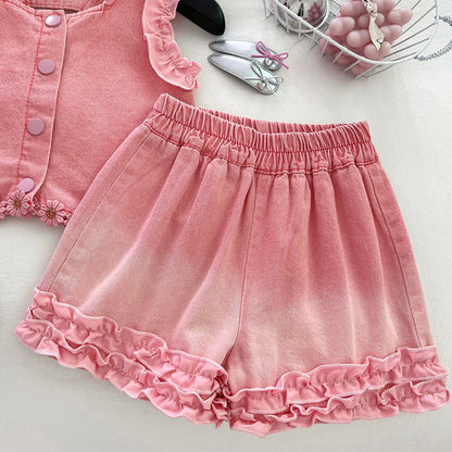 Lace Detailed Sleeveless Denim Shorts Set