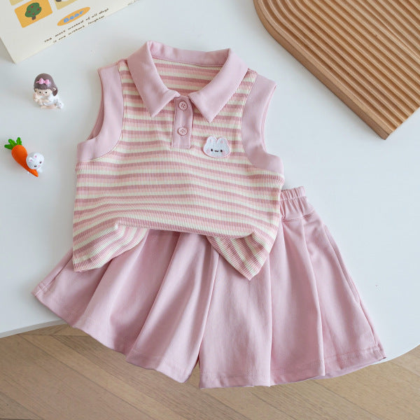 Korean Style Striped Vest and Pleated Shorts Set