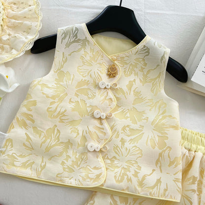 Chinese Style Sleeveless Vest and Shorts Set with Hat