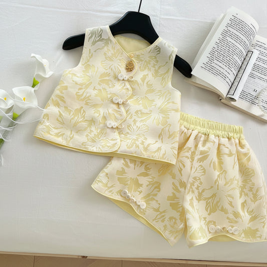 Chinese Style Sleeveless Vest and Shorts Set with Hat