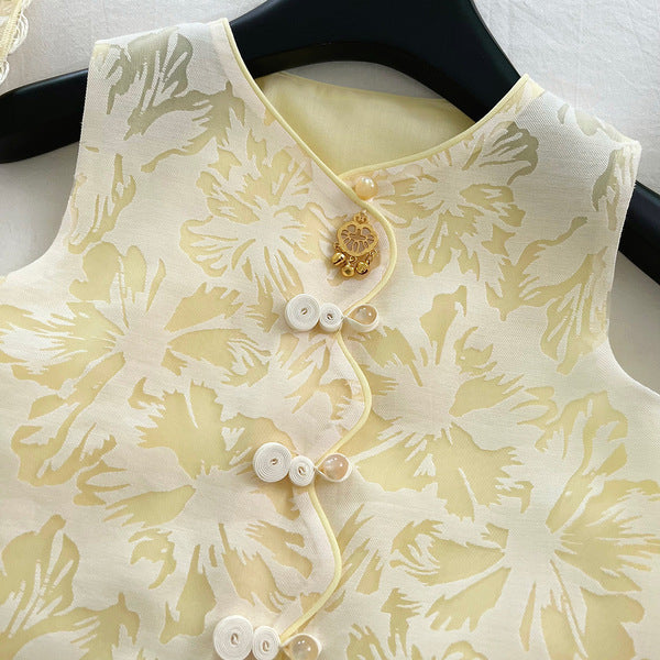 Chinese Style Sleeveless Vest and Shorts Set with Hat
