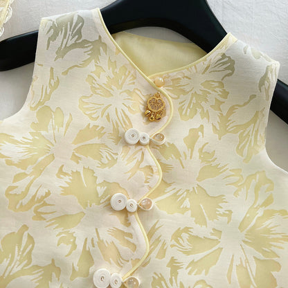Chinese Style Sleeveless Vest and Shorts Set with Hat