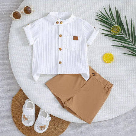 Vertical Striped Shirt and Khaki Shorts Set
