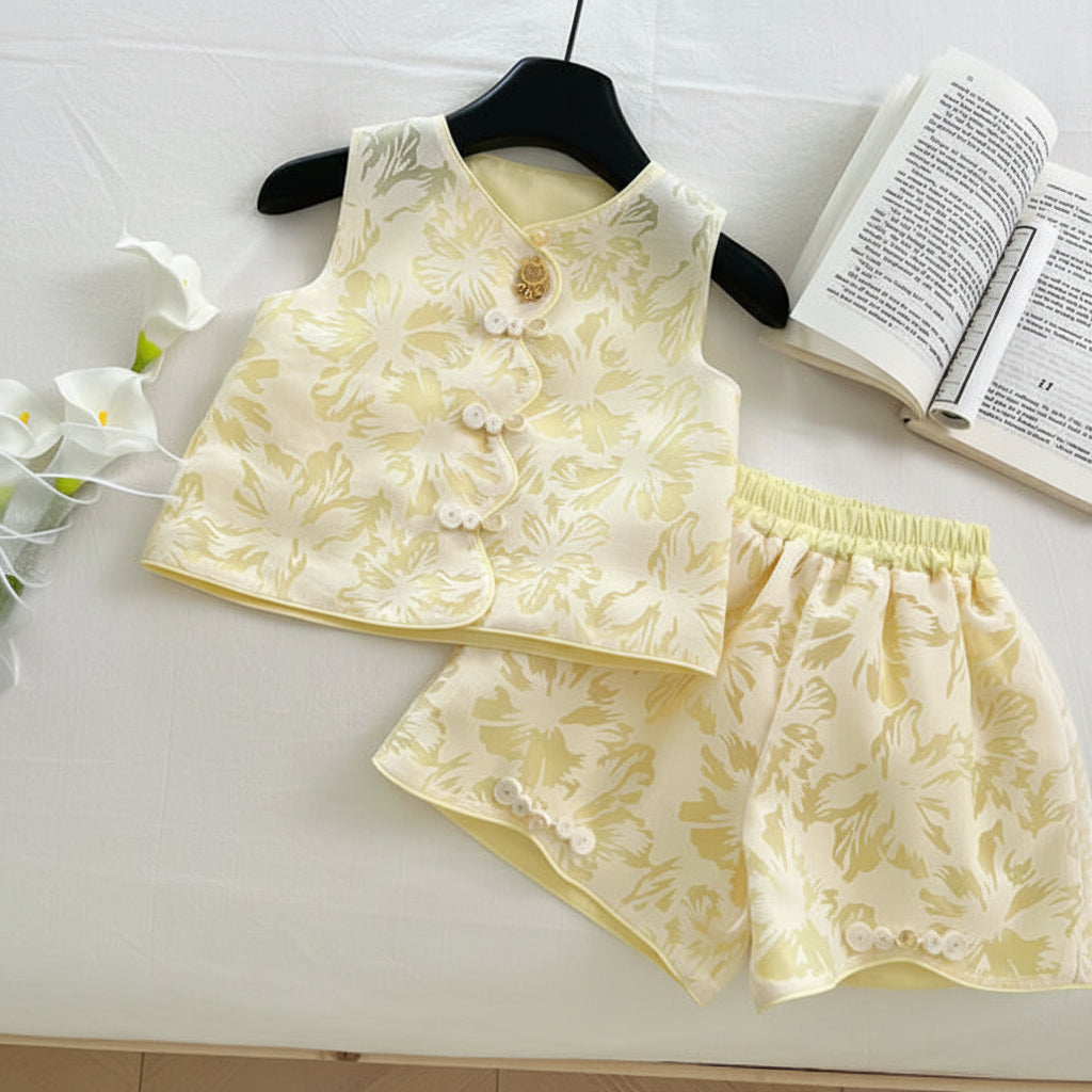Chinese Style Sleeveless Vest and Shorts Set with Hat