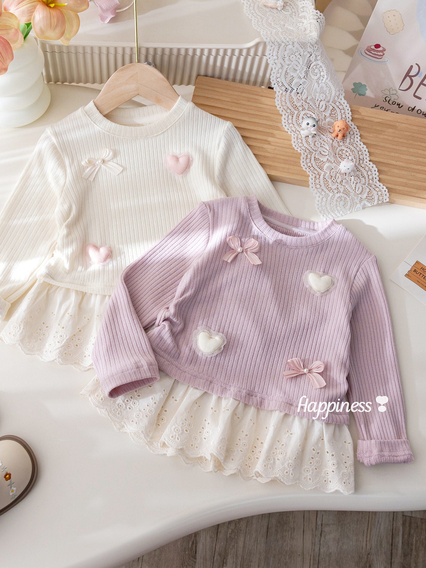 Baby Girls' Trendy Bow Lace Top |  Long-Sleeved Bottoming Shirt