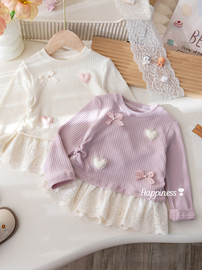 Baby Girls' Trendy Bow Lace Top |  Long-Sleeved Bottoming Shirt