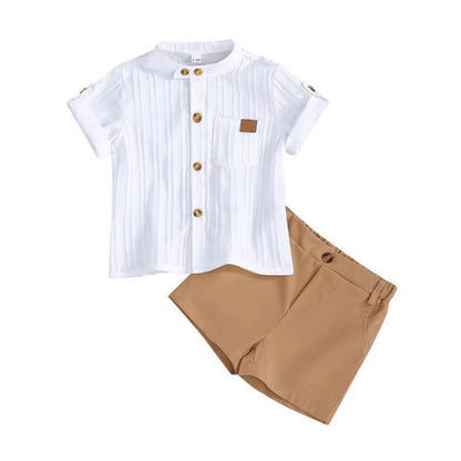 Vertical Striped Shirt and Khaki Shorts Set
