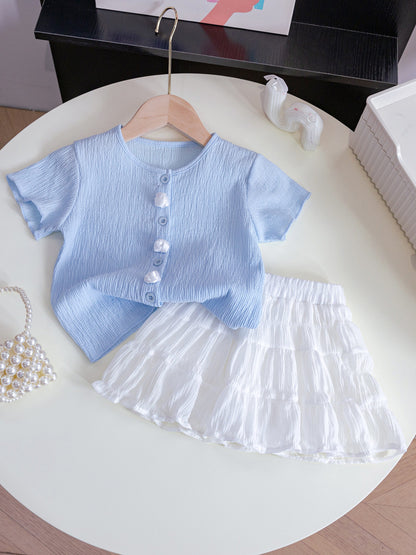 Girls' Fashionable 2-Piece Skirt Set | Trendy Short-Sleeved Top & Skirt Suit