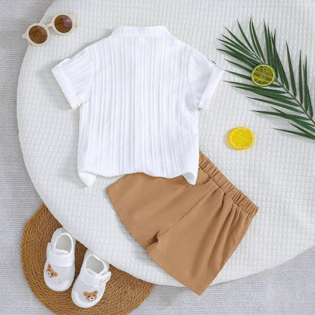 Vertical Striped Shirt and Khaki Shorts Set