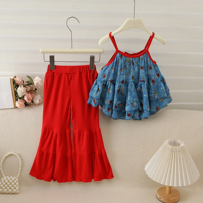 Baby Girl Floral Chiffon Ruffle Top & Bootcut Pants Set