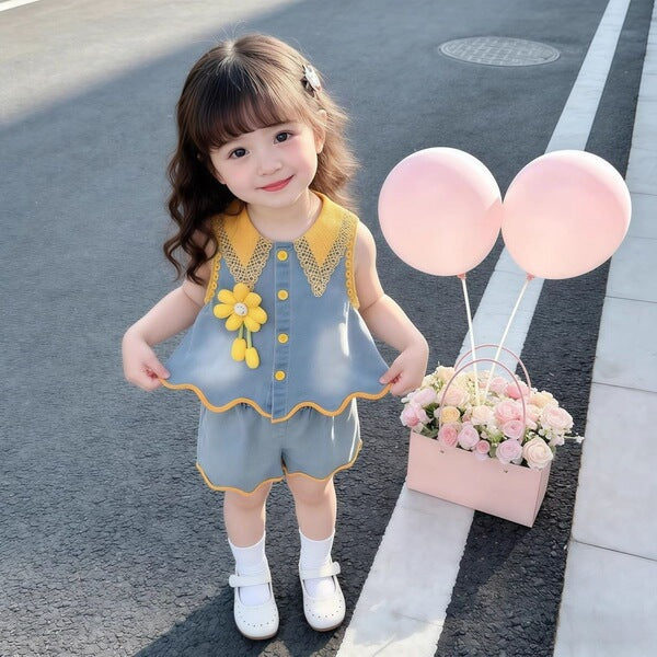 Korean Style Baby Bow Lace Vest Two-Piece Set