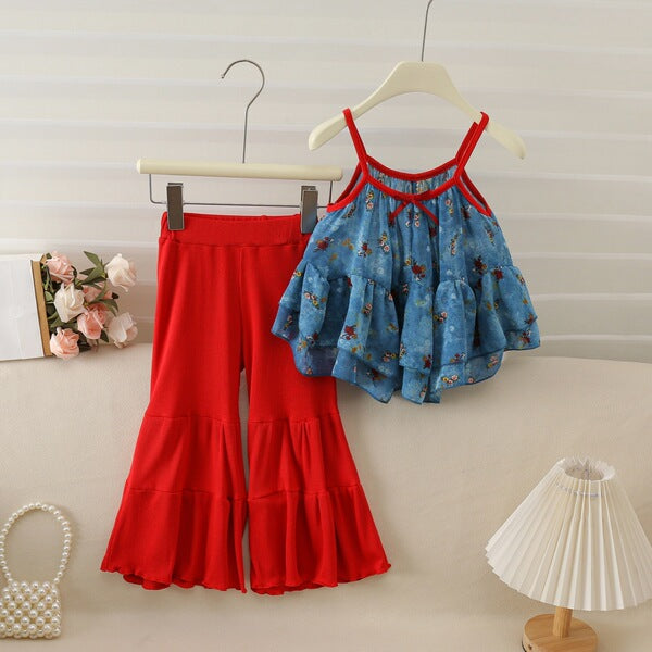 Baby Girl Floral Chiffon Ruffle Top & Bootcut Pants Set