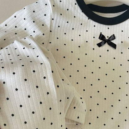 Girls' Korean Style Polka Dot Pajama Set | Cute Bow Autumn Home Suit