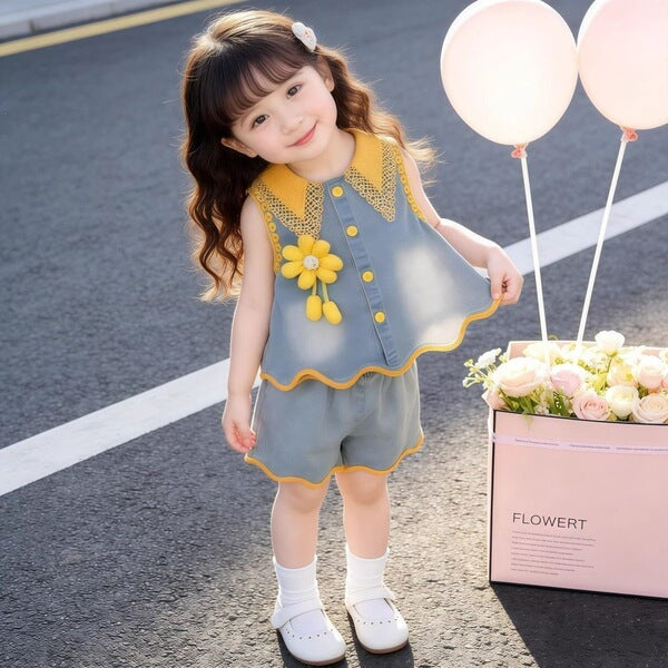 Korean Style Baby Bow Lace Vest Two-Piece Set
