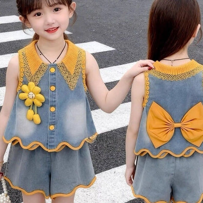 Korean Style Baby Bow Lace Vest Two-Piece Set