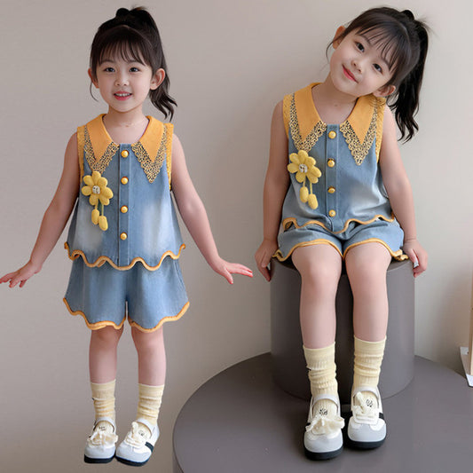 Korean Style Baby Bow Lace Vest Two-Piece Set