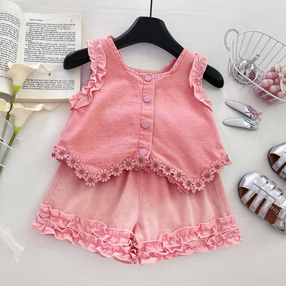 Lace Detailed Sleeveless Denim Shorts Set