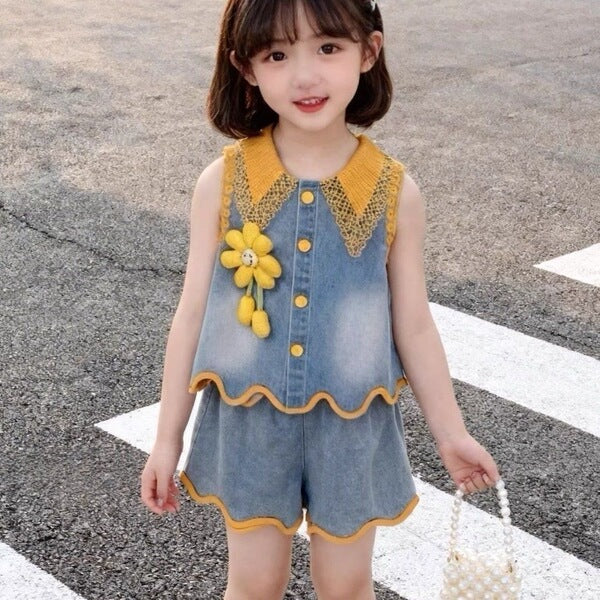 Korean Style Baby Bow Lace Vest Two-Piece Set