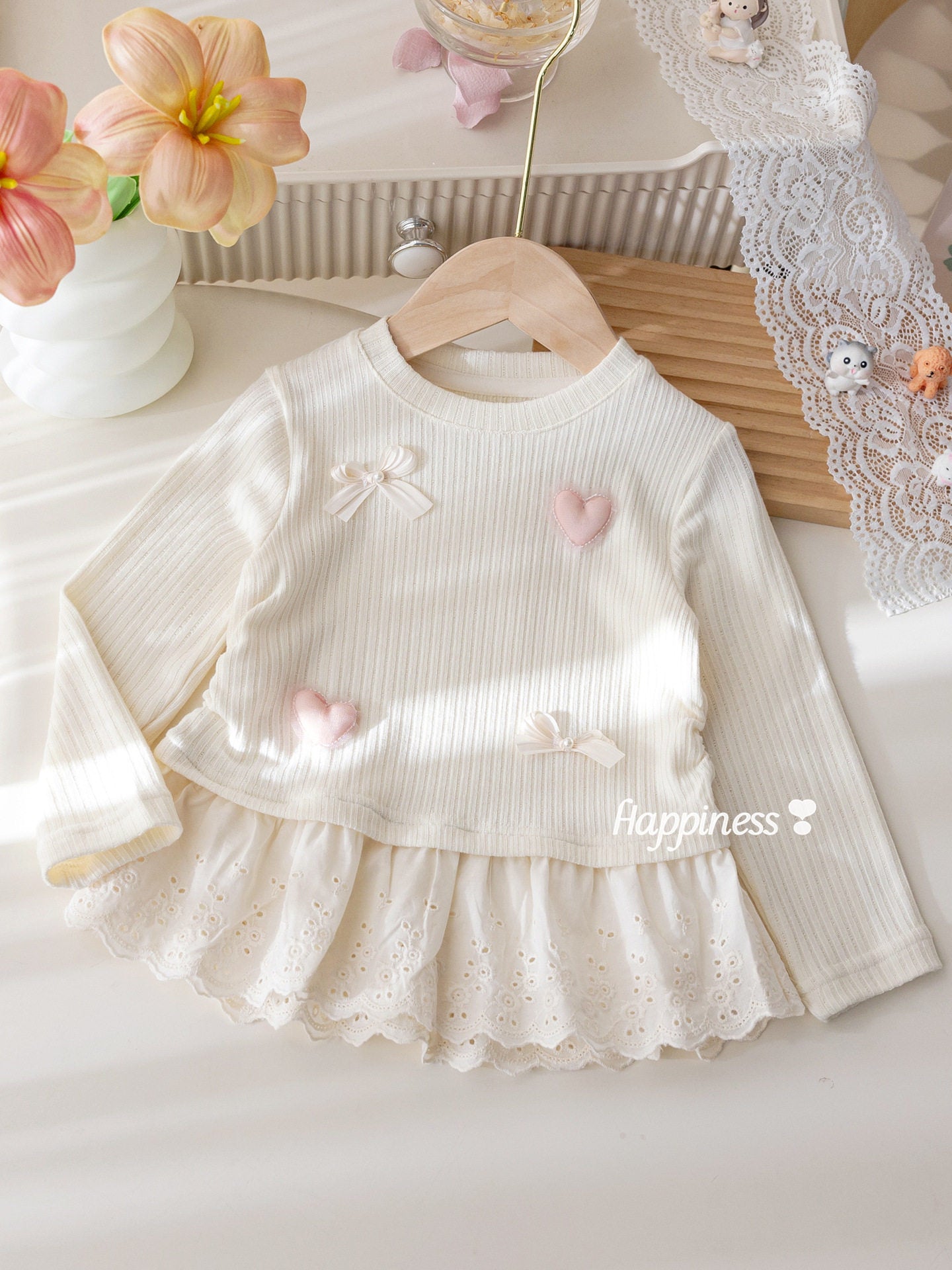 Baby Girls' Trendy Bow Lace Top |  Long-Sleeved Bottoming Shirt