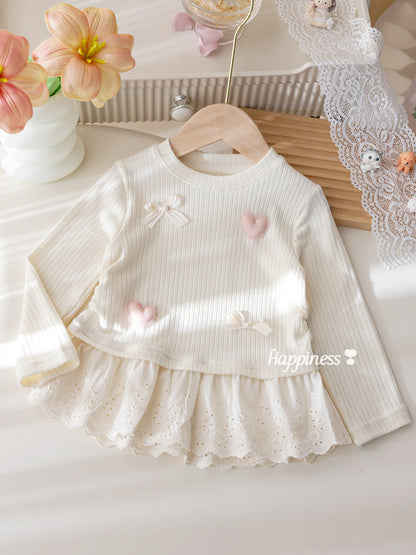 Baby Girls' Trendy Bow Lace Top |  Long-Sleeved Bottoming Shirt