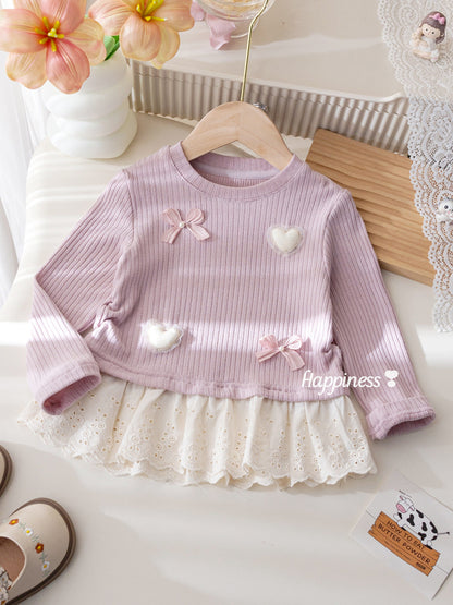 Baby Girls' Trendy Bow Lace Top |  Long-Sleeved Bottoming Shirt