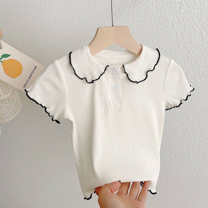 Premium Girls' Ice Silk T-Shirt with Elegant Doll Collar – Lightweight Top