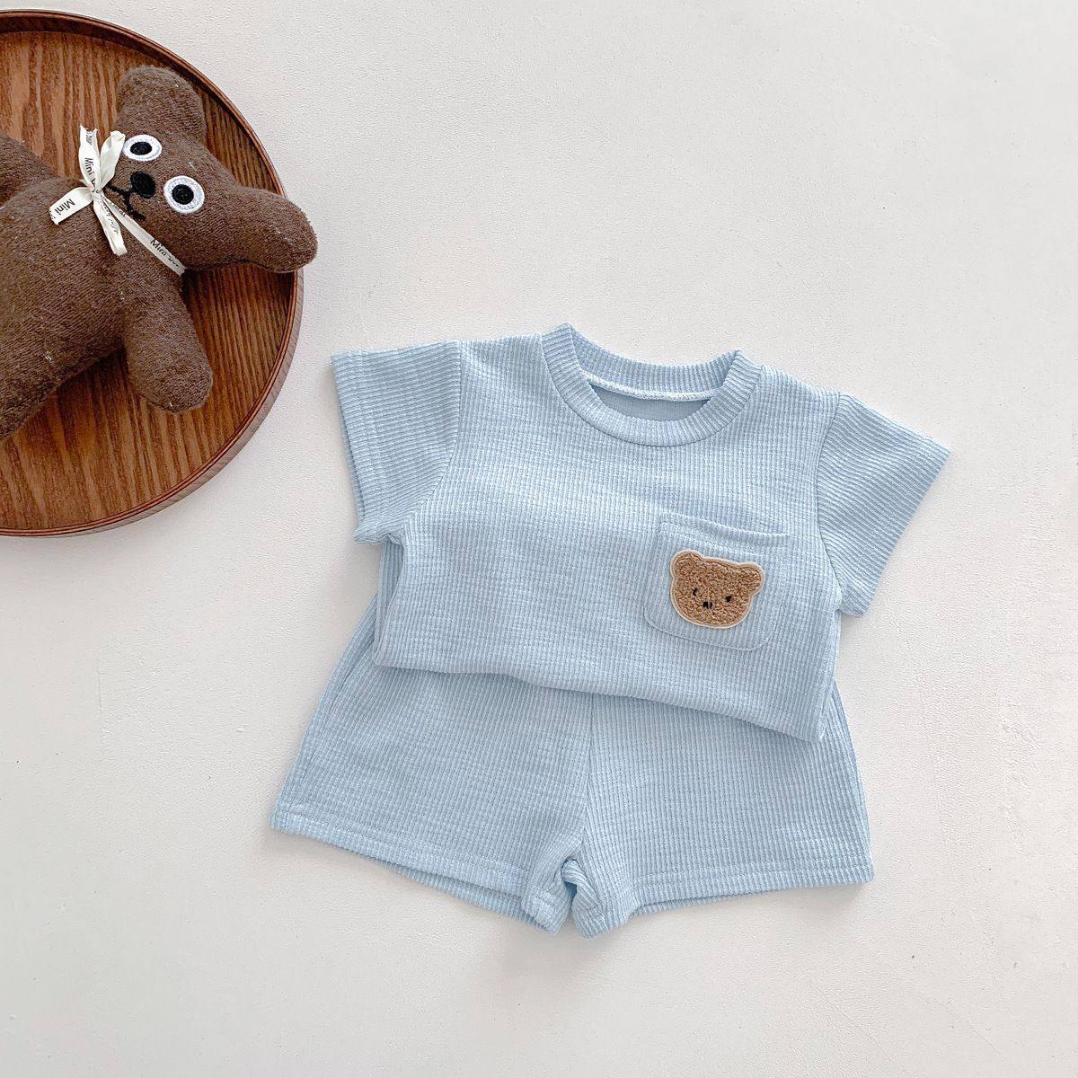 Korean Style Baby Waffle Bear Casual Short Sleeve Two-Piece Suit for Boys & Girls