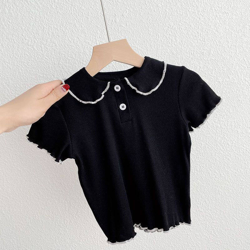 Premium Girls' Ice Silk T-Shirt with Elegant Doll Collar – Lightweight Top