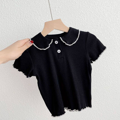 Premium Girls' Ice Silk T-Shirt with Elegant Doll Collar – Lightweight Top