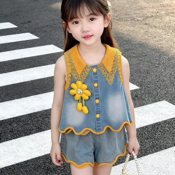 Korean Style Baby Bow Lace Vest Two-Piece Set