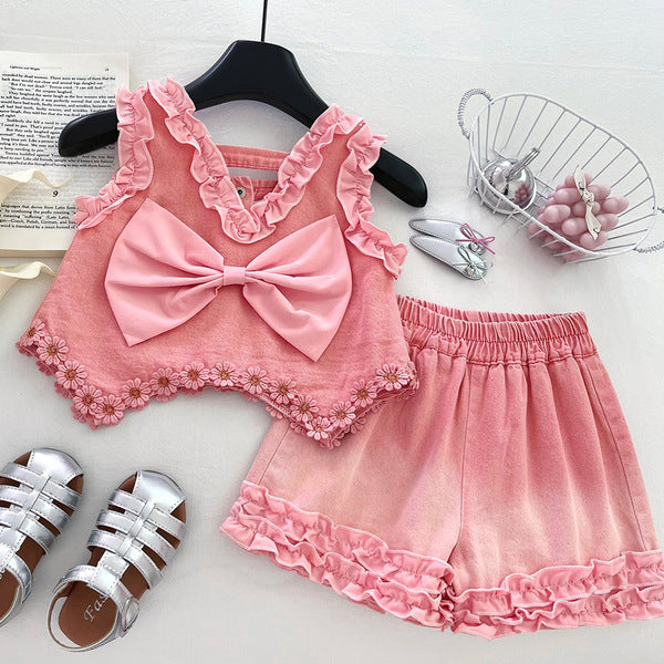 Lace Detailed Sleeveless Denim Shorts Set