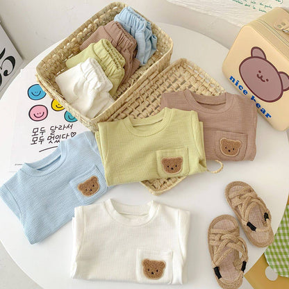 Korean Style Baby Waffle Bear Casual Short Sleeve Two-Piece Suit for Boys & Girls