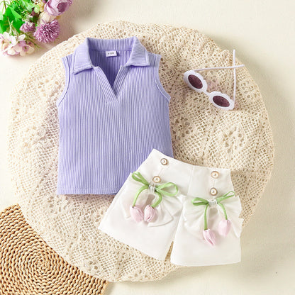 Sweet Sleeveless Flower Button Top and Shorts Set