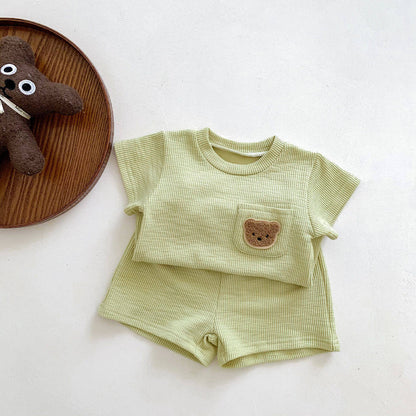 Korean Style Baby Waffle Bear Casual Short Sleeve Two-Piece Suit for Boys & Girls